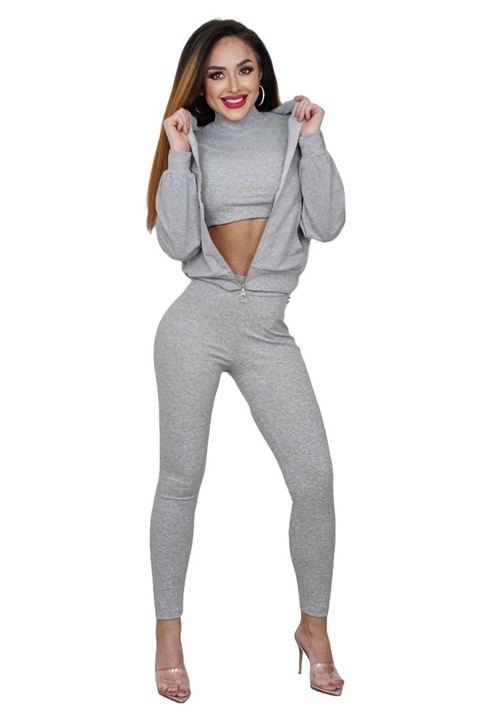 Compleu sport din 3 piese: bluza crop-top; colanti si hanorac cu fermoar M/L, Gri