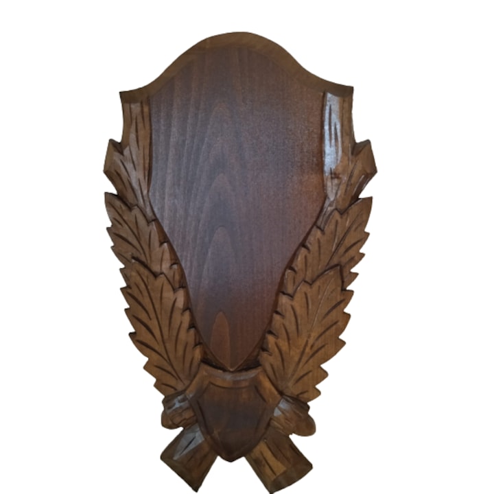 Panoplie sculptata, pentru trofeu caprior, din lemn, maro inchis, 36x21 cm