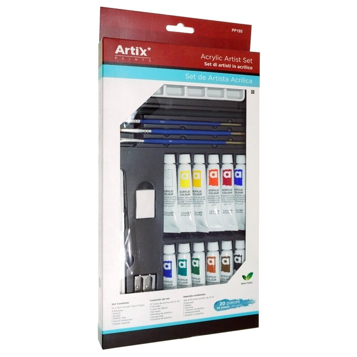 Set acuarele colorate acrilice, 20 piese, 12 tuburi acrilice, 3 pensule, 1 creion, 1 radiera, 1 ascutitoare, 1 spatula si o paleta de plastic