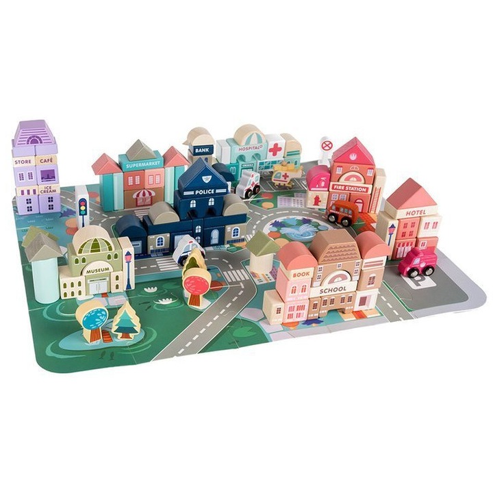 Set de Constructie pentru Copii My Colorful City, Cuburi din Lemn Natural viu Colorate, 115 Elemente, 54 x 42cm, Dezvolta Inteligenta si Indemanarea, Multicolor