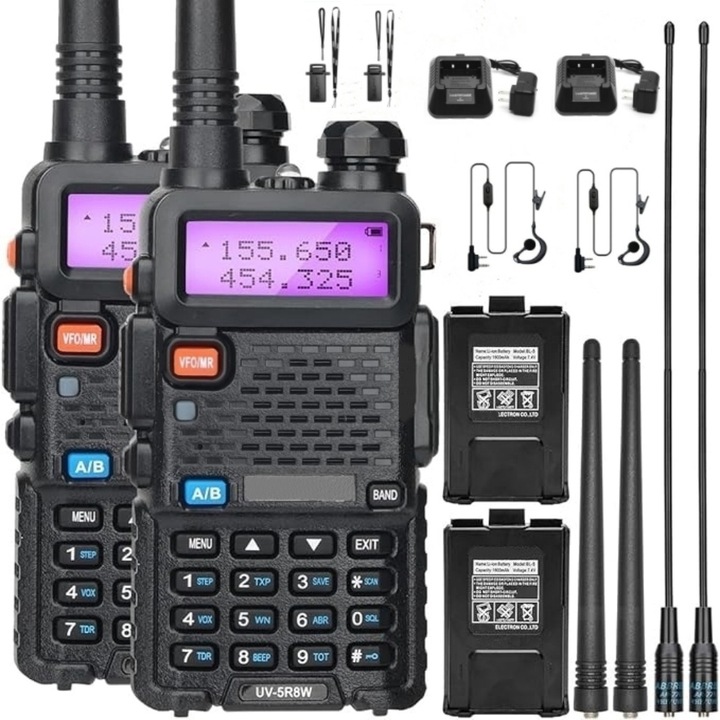 Комплект от 2 преносими радиостанции, уоки токи, MOSMAOO®, UV-5R8W, акумулаторна батерия 1800 MAH, антена AR-771, слушалки с оригинален микрофон, черни