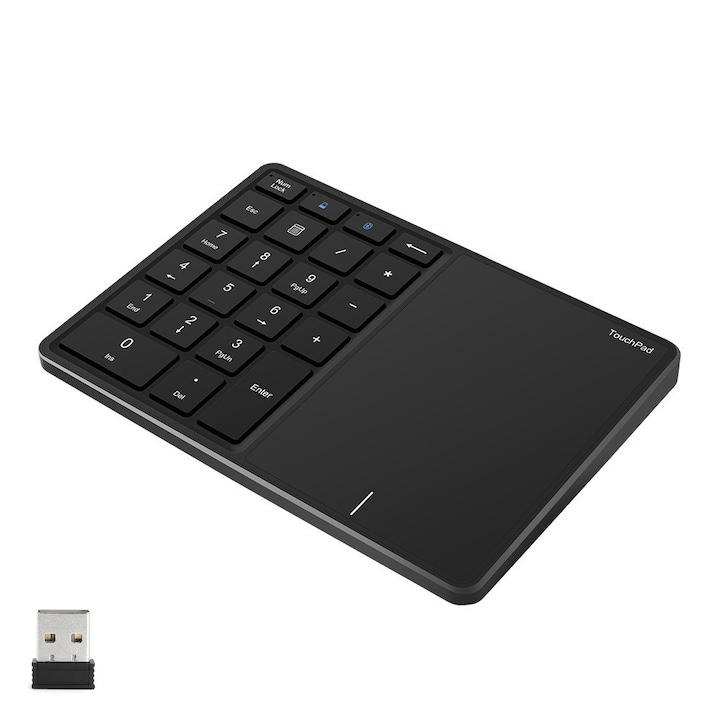 Tastatura numerica numpad Leblou cu 22 taste si touchpad, conexiune bluetooth dar si 2.4 Ghz cu usb stick, reincarcabila cu autonomie indelungata, compatibila multipla, pentru contabilitate, laptop, computer, culoare Negru