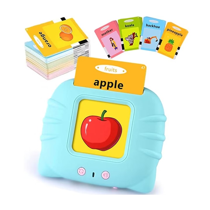 Jucarie educativa Montessori pentru copii, DDOLI, set jucarie de invatare cuvinte in limba engleza cu cititor de carduri flash, 224 de cuvinte 112 carduri, incarcare MicroUSB, 2 ani+, Albastru