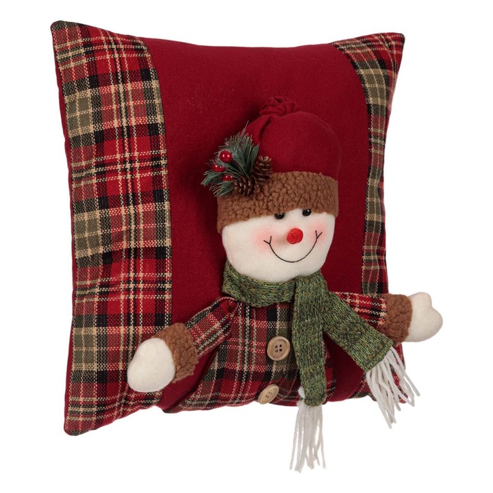 Shopiens® dekoratív karácsonyi párna, bordó kockás 3D hóember, 35 x 35 cm