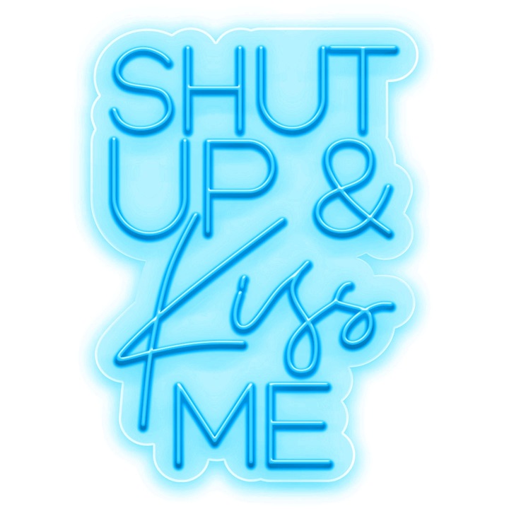 Semn Luminos LED Neon Shut UP & KISS Me, Cyan, 100x72x0.8cm