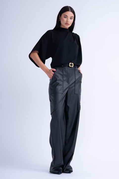 Pantaloni din piele wide leg cu buzunare, Bluzat, Negru, Negru