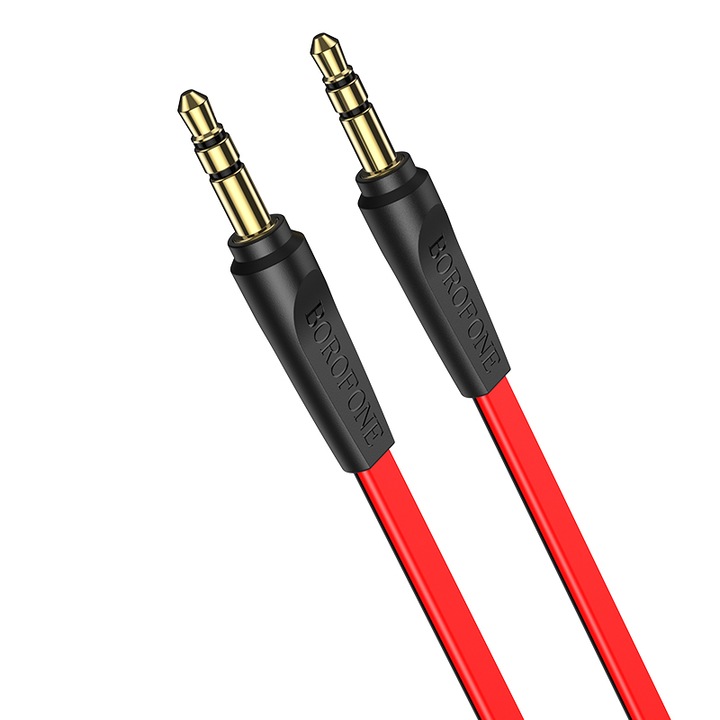 Cablu audio, Jack 3.5mm tata la Jack 3.5mm tata, plat, 1m lungime, Rosu-Negru