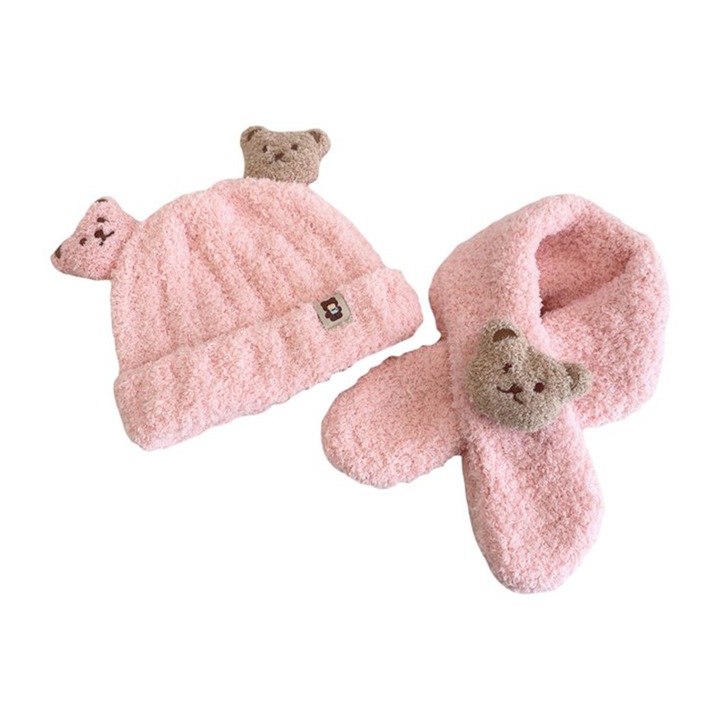 Caciula pentru copii, set doua piese, model cu urechiuse si fular asortat, tematica ursulet prietenos, 1 – 3 ani, roz, EFAYN