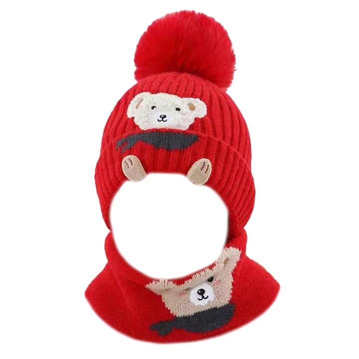 Caciula pentru copii, set doua piese, model pom pom si fulat asortat, tematica familie prietenoasa de ursuleti, 1 – 3 ani, rosie, EFAYN