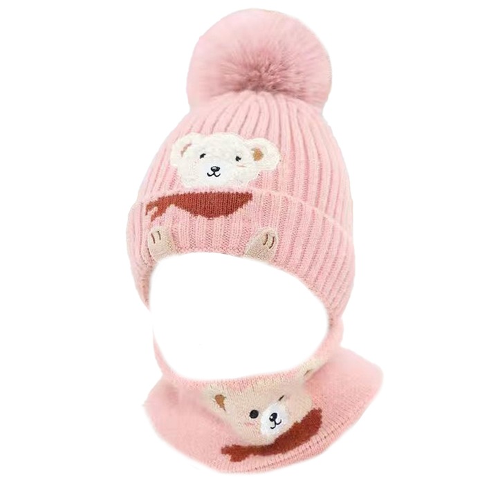 Caciula pentru copii, set doua piese, model pom pom si fulat asortat, tematica familie prietenoasa de ursuleti, 1 – 3 ani, roz, EFAYN