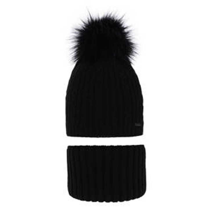 Set de iarna pentru fete, caciula si fular negru Rima, marime 52-54 cm