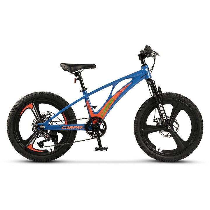 Bicicleta MTB de munte Carpat 3 Spoke JSX20343, cadru din Aluminiu cu cabluri integrate, suspensie fata, roata 20 inch din magneziu, frana pe disc, 7 viteze, albastru cu portocaliu