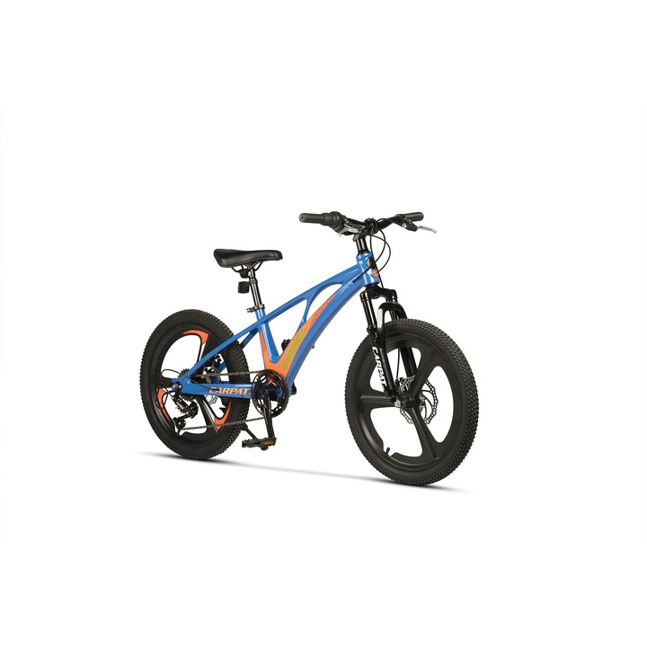MTB велосипед с 20" магнезиеви колела, предни/задни ДИСКОВИ спирачки, 7 скорости, оборудване Gilong, синьо с оранжево, планински велосипед Carpat Pro магнезиево колело Genius с алуминиева рамка за деца 7/10 години-между 110-140 см