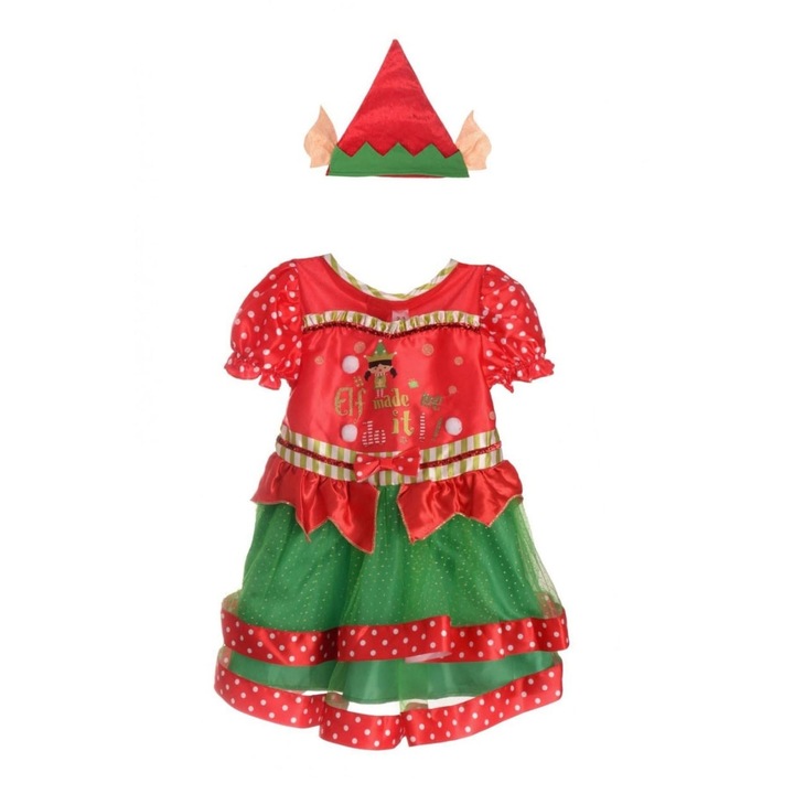 Costum fete Spiridusa cu caciula, verde cu rosu, 9-10 ani, 135-140 cm