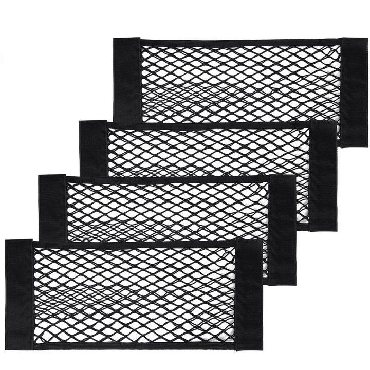 Set 4 Organizator portbagaj versatil, Aisdelu®, cu plasa elastica, marime 40 x 25 cm, prevazut cu velcro pentru prindere, ideal pentru autoturisme si uz casnic, Negru