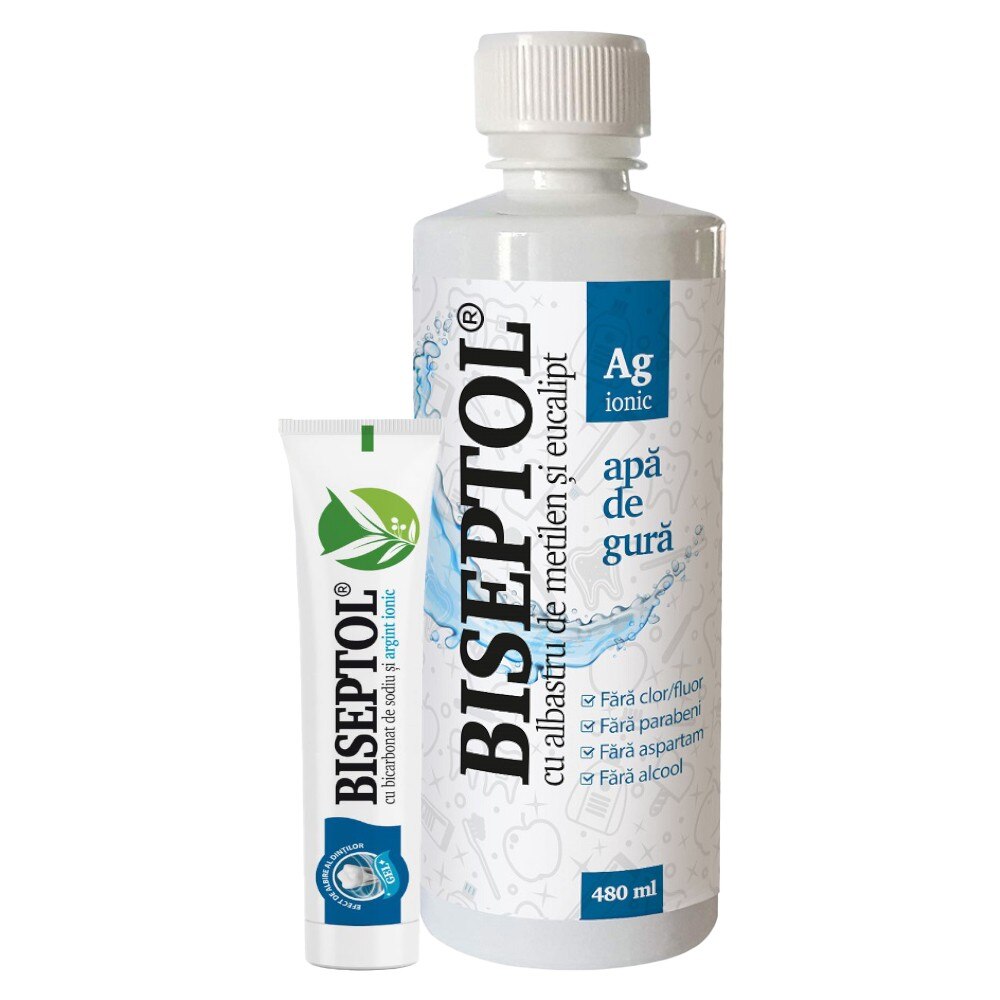 Apa de Gura cu Argint Ionic 480 ml si Pasta de Dinti 15 ml, Biseptol