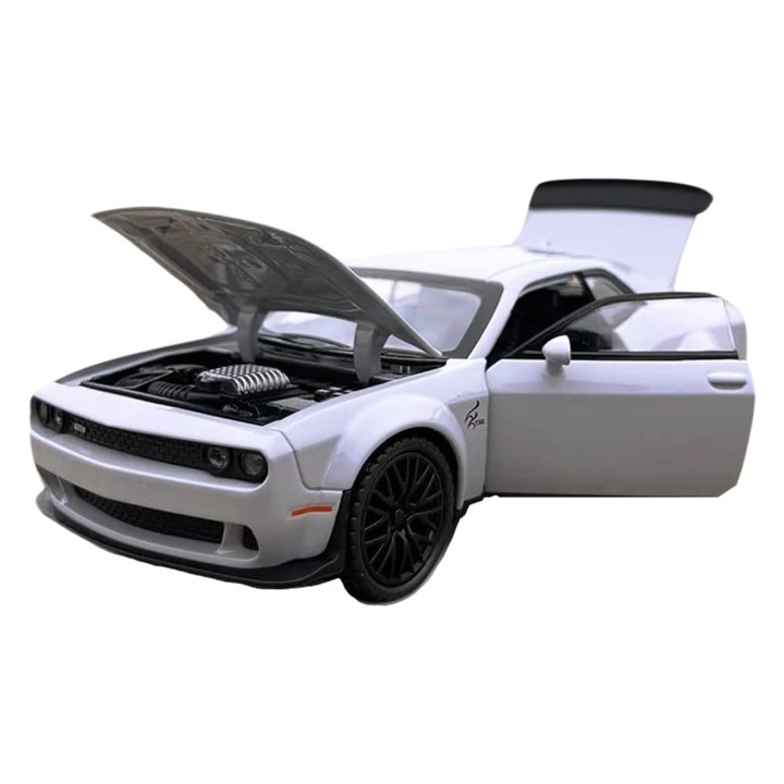 Masinuta metal mecanica, model Dodge Challenger, scara 1:32, sunete, usi mobile, capota mobila, portbagaj mobil, gri, 15 cm