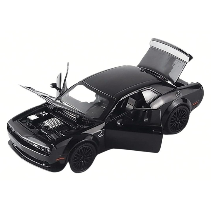Masinuta metal mecanica, model Dodge Challenger, scara 1:32, sunete, usi mobile, capota mobila, portbagaj mobil, negru, 15 cm
