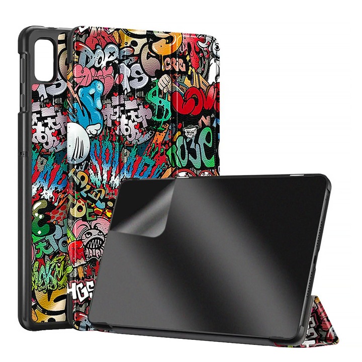 Set Husa Tableta din piele PU si Folie Silicon Matte pentru Honor Pad X9 / X8 Pro, Protectie Completa, Hydrogel Regenerabil, Full Glue, Interior Microfibra, Stand, Ecran Protejat, Colturi Anti-Soc, Multicolor