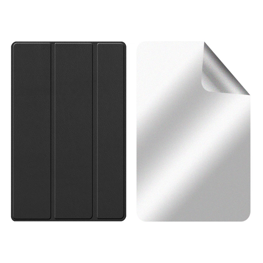 Set Husa Tableta din piele PU si Folie Silicon Matte pentru Apple iPad 10.2 (2021/2020/2019) - Black, Protectie Completa, Hydrogel Regenerabil, Full Glue, Interior Microfibra, Stand, Ecran Protejat, Colturi Anti-Soc, Negru