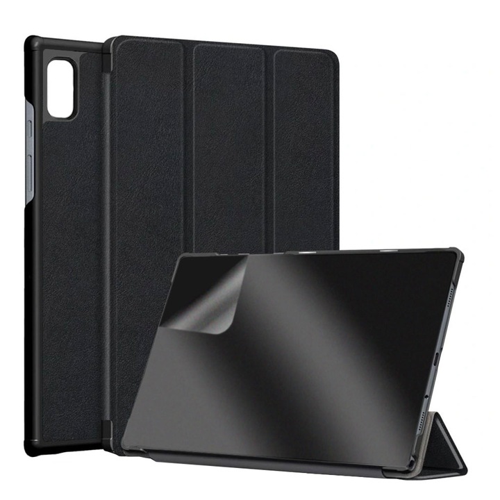 Set Husa Tableta din piele PU si Folie Silicon Matte pentru Samsung Galaxy Tab A7 Lite 8.7 inch T220/T225 2021, Protectie Completa, Hydrogel Regenerabil, Full Glue, Interior Microfibra, Stand, Ecran Protejat, Colturi Anti-Soc, Negru