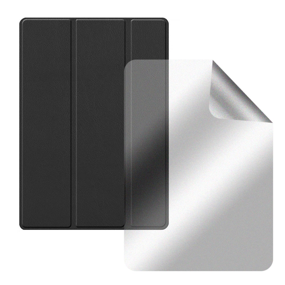Set Husa Tableta din piele PU si Folie Silicon Matte pentru Apple iPad 10.2 (2021/2020/2019) - Black, Protectie Completa, Hydrogel Regenerabil, Full Glue, Interior Microfibra, Stand, Ecran Protejat, Colturi Anti-Soc, Negru