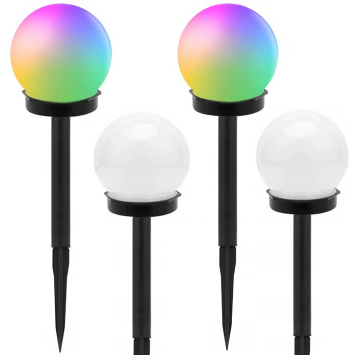 Комплект от 4 LED соларни лампи, AB HOMES, външни RGB, за градина, сфера с кол, декоративни, със сензори за здрач и светлина, водоустойчивост IP65, черно/бяло