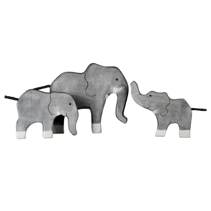 Set 3 Jucarii Ecologice din Lemn, Familie de Elefanti