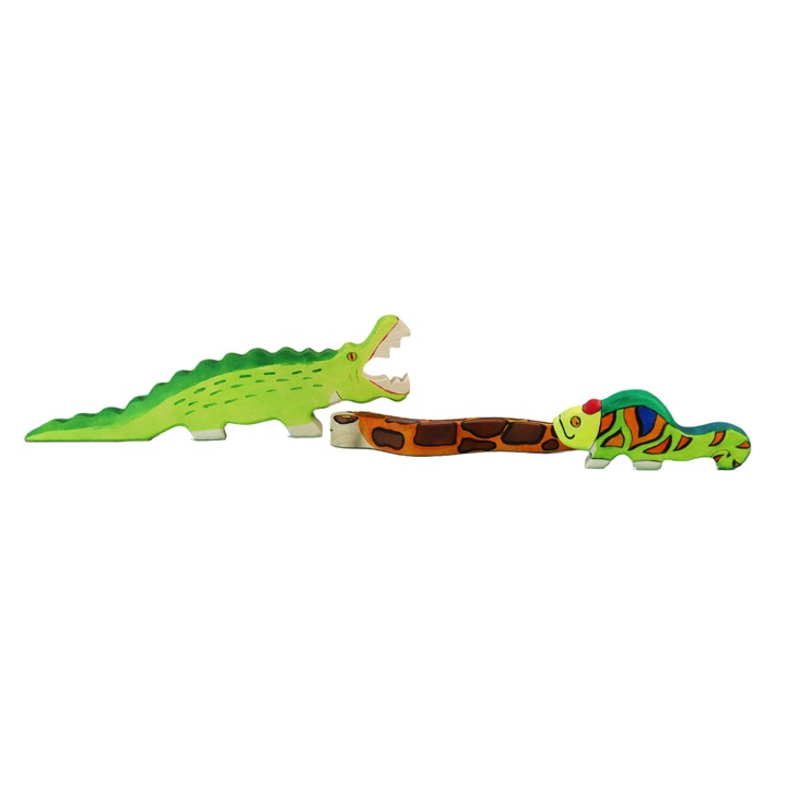 Set 3 Jucarii Ecologice din Lemn, Reptile (Crocodil, Cameleon, Sarpe)