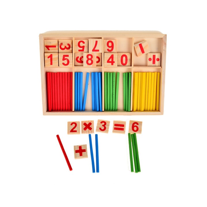 Joc matematica, montessori educational, din lemn cu cifre si betisoare