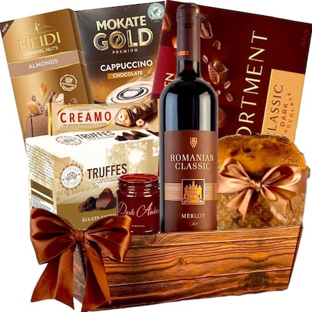 Cos Elegant Perfect Gift, cu vin rosu, panettone, trufe din ciocolata, lumanare parfumata, cutie cu praline fine Elegant Assortment si alte surprize pentru ocazii speciale, 9 produse