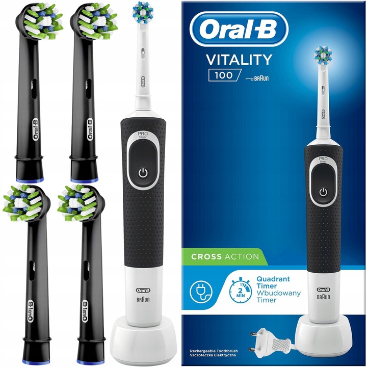 Комплект, електрическа четка за зъби, Oral-B Vitality 100 Cross Action, черна, 4x резервни части