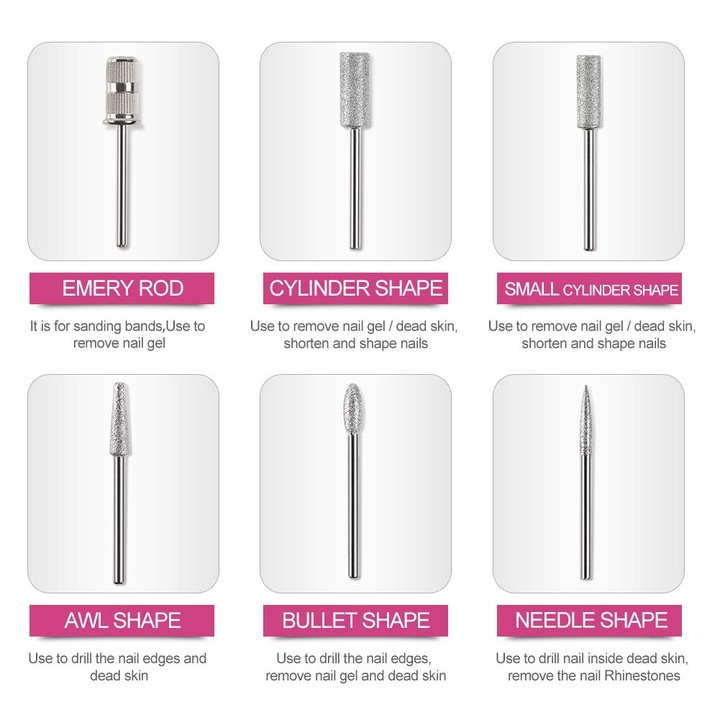 Pila electrica pentru manichiura QttvbTna, portabila, 6 capete de frezare, roz