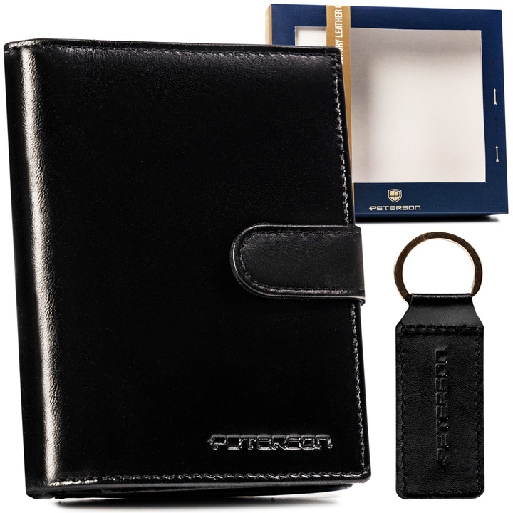 Portofel barbati, piele naturala, negru, Peterson, ptn set-m-n4l-kcs, 13 x 9, 5 x 2 cm