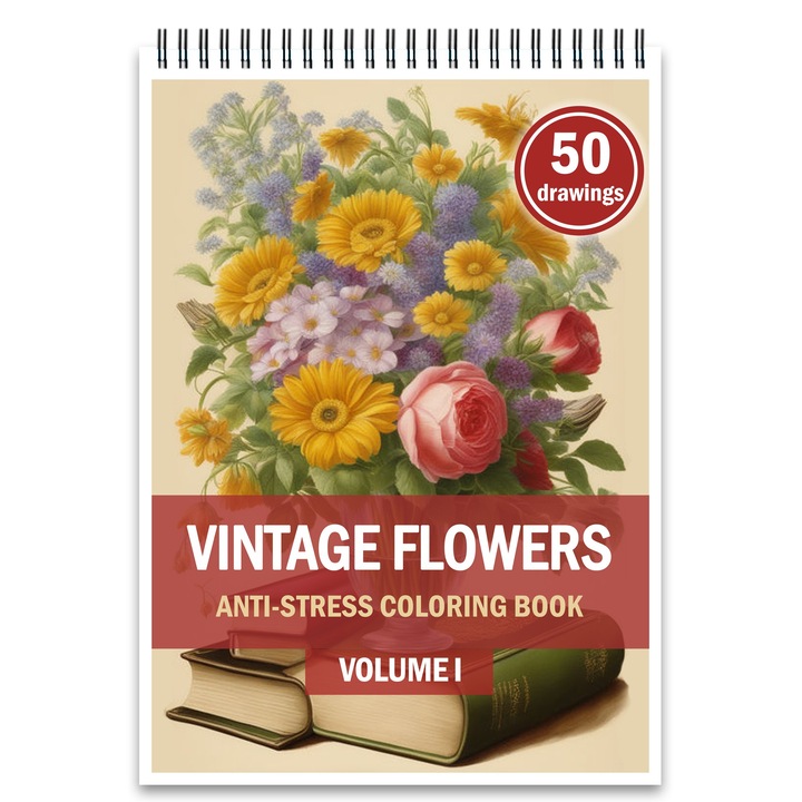 Kifestőkönyv, 50 illusztráció, Vintage Flowers - I. Kötet, 106 oldal