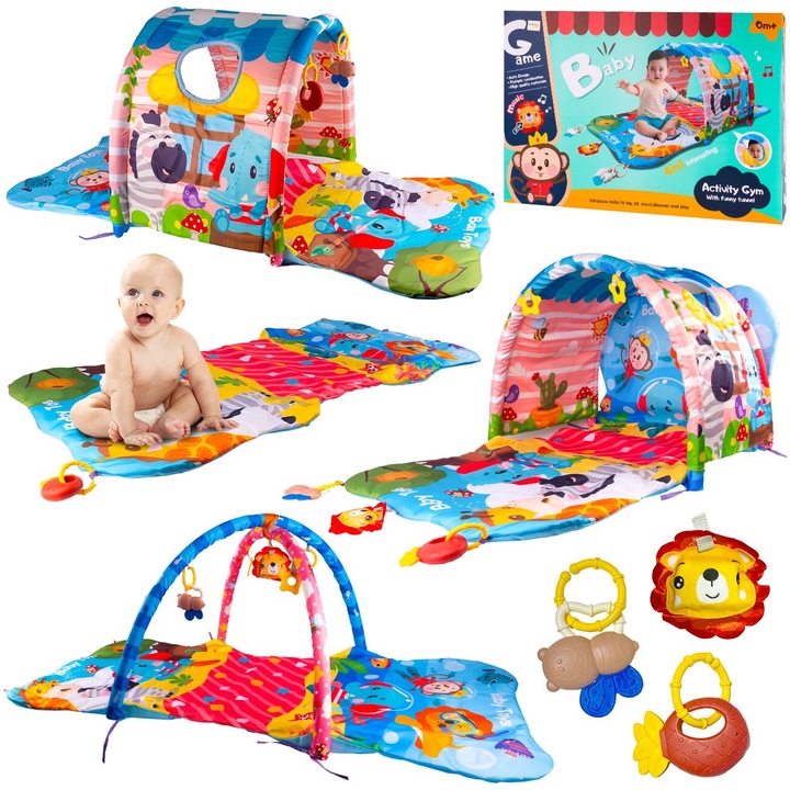Centru de activitati 4 in 1 pentru copii si bebelusi ISP "Likesmart Game Tunnel Activity Gym", covor 130 cm, Multicolor