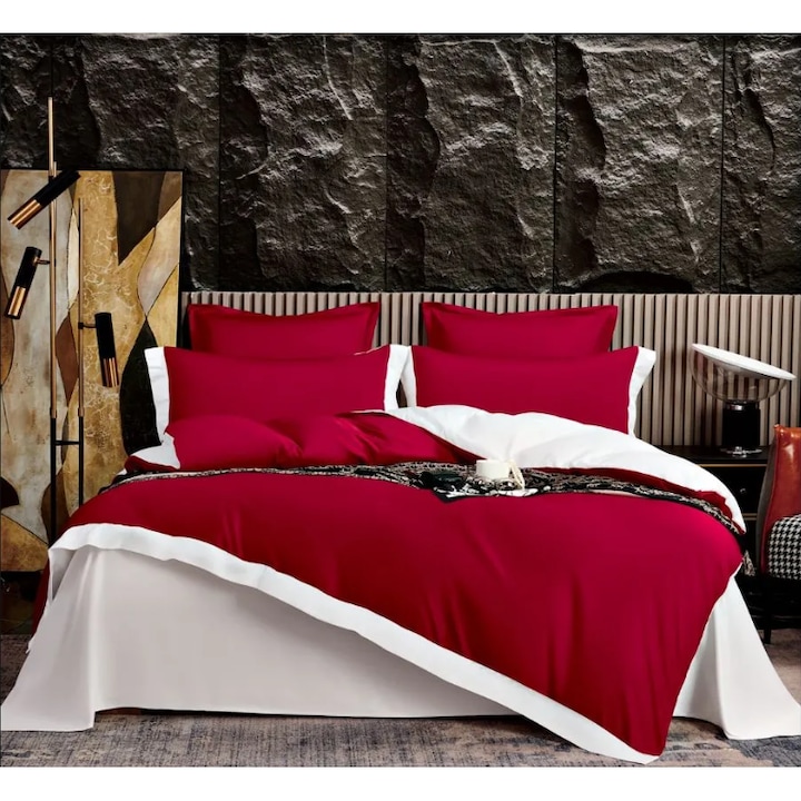 Луксозен спален комплект за 2 човека 6 части комплект сатен и калъфка в подаръчна кутия чаршаф с ластик червен