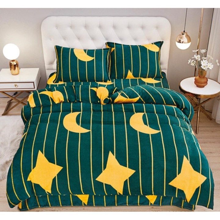 Lenjerie de pat dublu, Cocolino, imprimeu Stele si Luna, 4 piese, 2 persoane, 220x230cm, Verde-Galben