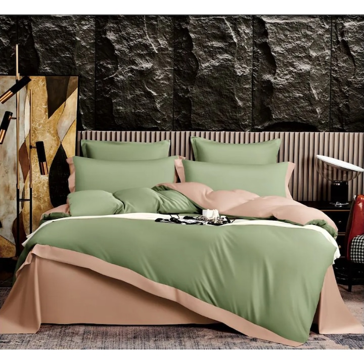 Спален комплект за 2 човека 6 части комплект сатен и калъфка в подаръчна кутия чаршаф с ластик зелено/бежово