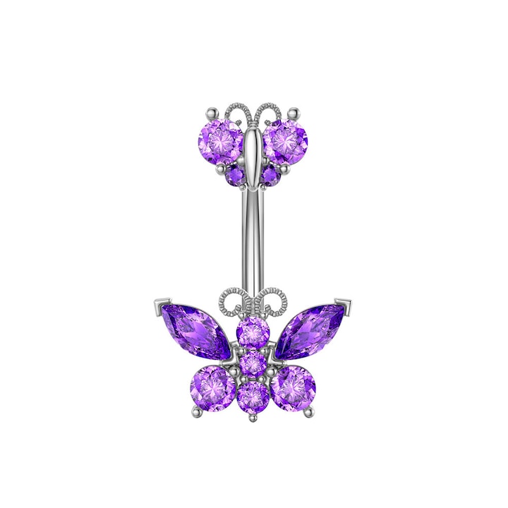 Piercing pentru buric, dublu din zircon fluture, otel 316L, violet, 4cm