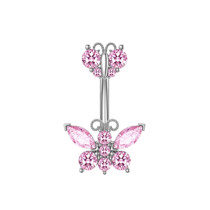 Piercing pentru buric, dublu din zircon fluture, otel 316L, roz, 4cm