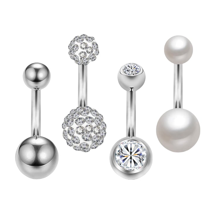 Set de accesorii piercing pentru buric, zircon perlat, otel 316L, platina, set 4 piese