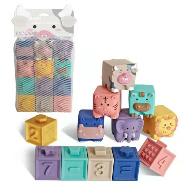 Set 12 cuburi silicon copii, jucarie educationala colorata, Empria ...