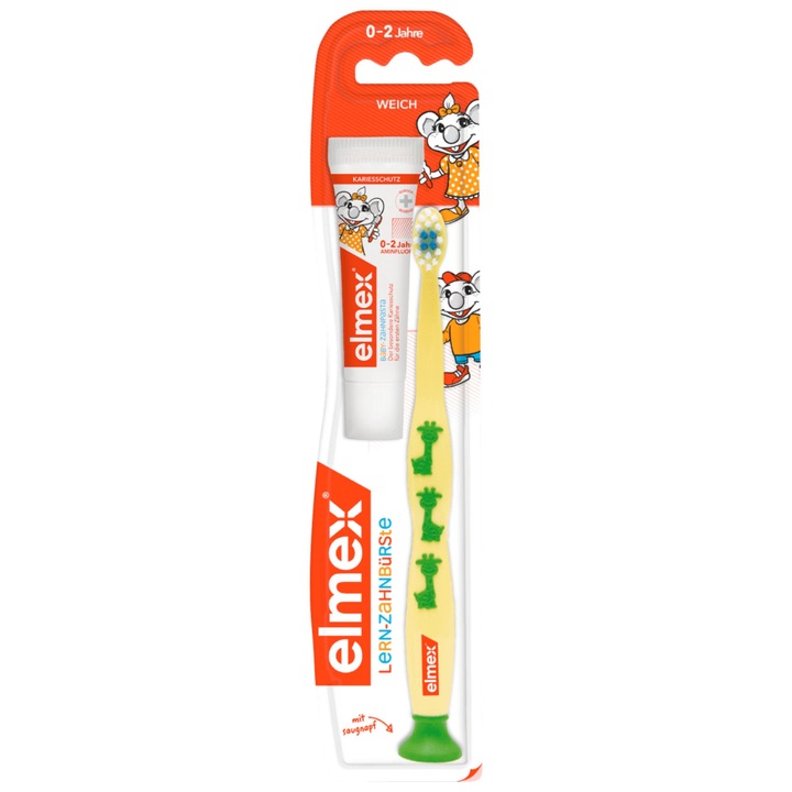 Set pasta de dinti Elmex Baby, 12 ml si periuta de dinti, 0-2 ani, peri moi, galben/verde