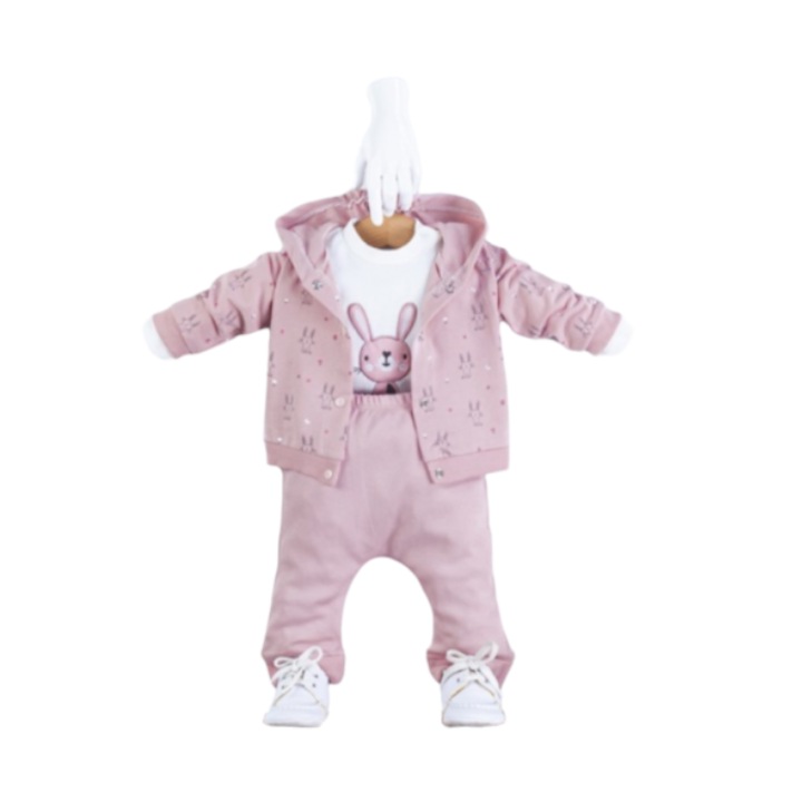 Compleu cu gluga, set 3 piese, iepuras, Roz pudrat, 68-74 CM