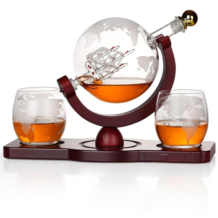 Set Decantor Whiskey Glob Pamantesc Elindor®, din Sticla, cu 2 Pahare, Potrivit pentru Bauturi, Whisky, Scotch, Coniac, Bourbon, Vin, Ideal pentru Cadou, Design Clasic, Suport din Lemn, 850 ml, Transparent