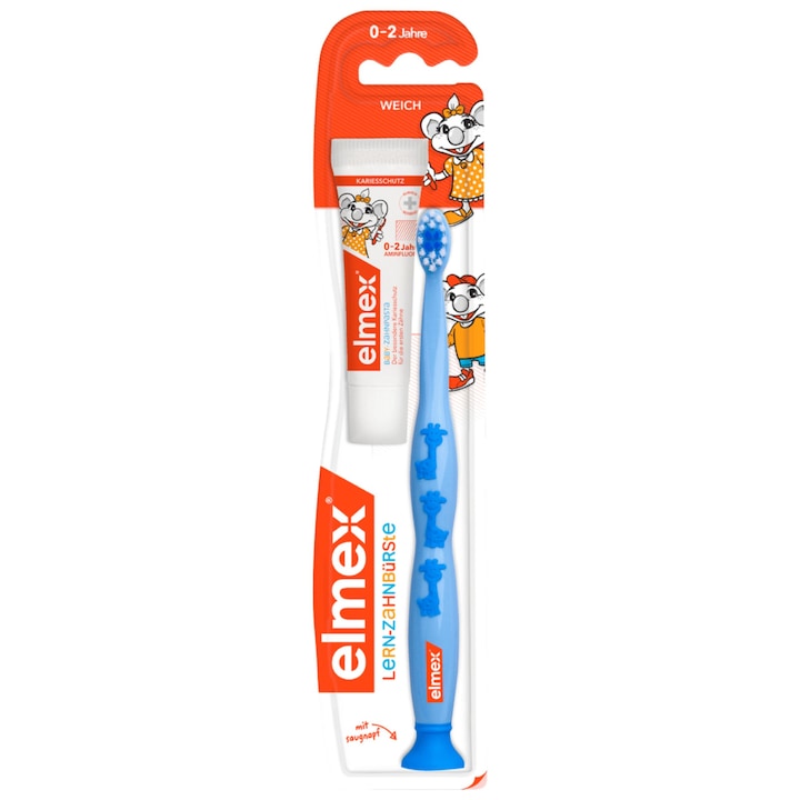 Set pasta de dinti Elmex Baby, 12 ml si periuta de dinti, 0-2 ani, peri moi, albastru