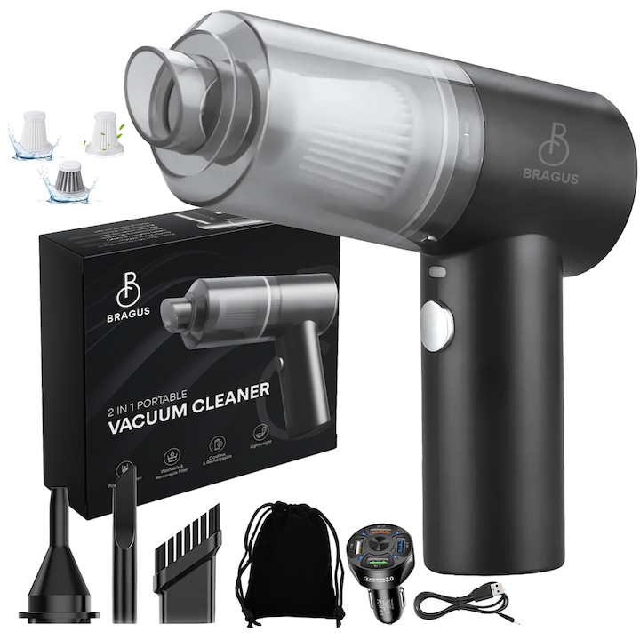 Aspirator Auto 2 in 1 Portabil, BRAGUS, 9000 Pa, 120W, Acumulator 2400mAh, Autonomie 30min, Aspirare, Suflare, Vidare, Umflare, Lumina LED, 3 Accesorii, 3 Filtre HEPA Reutilizabile Incluse, Aspirator pentru Masina si Casa, Incarcare USB, Negru
