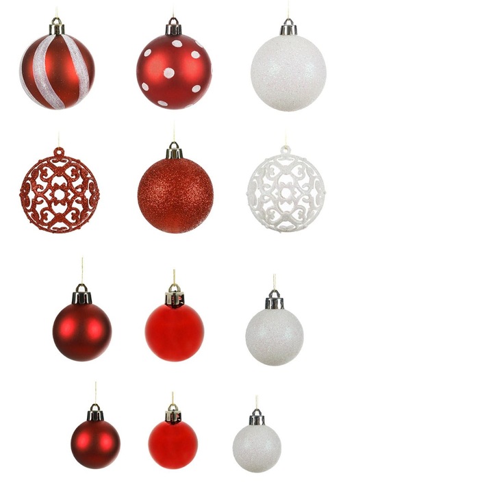 Set globuri de Craciun rosu/alb Shopiens®, 3-4-6 cm, mat, stralucitoare si cu glitter, 50 buc