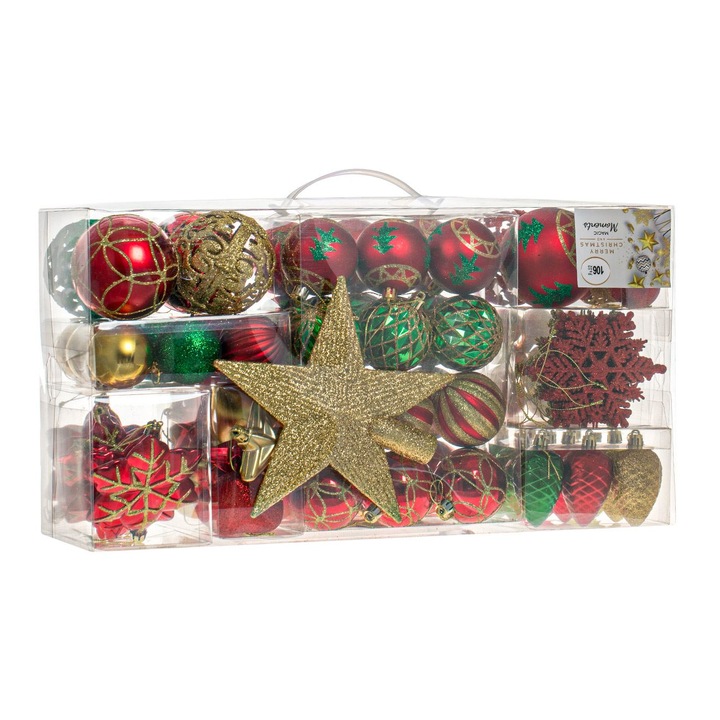 Set globuri si ornamente de Craciun rosu/verde Shopiens®, cu varf de brad, 106 buc